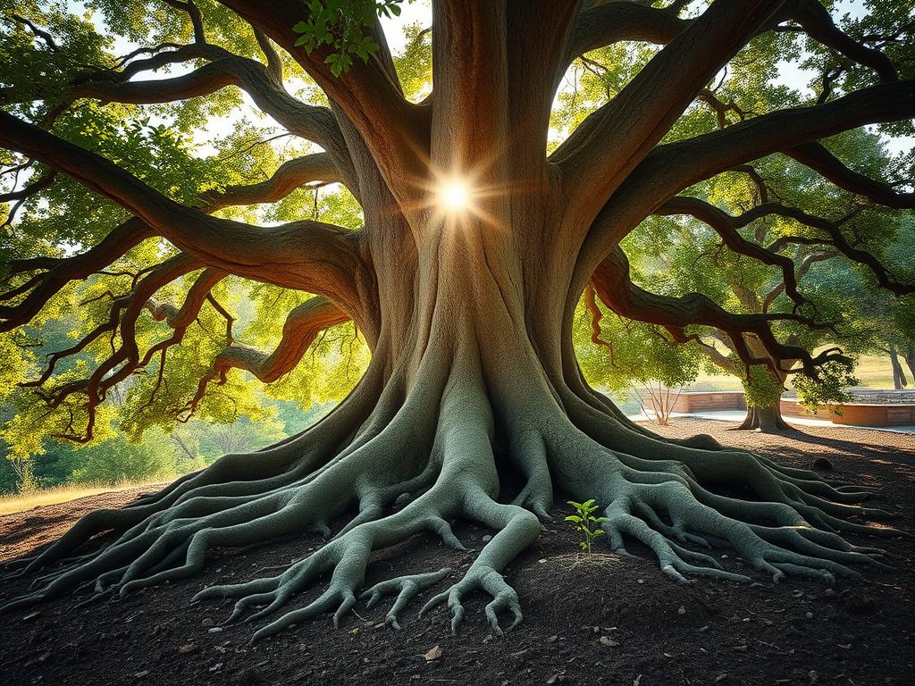 Árvore crescendo forte com raízes profundas, simbolizando o crescimento espiritual Árvore crescendo forte com raízes profundas, simbolizando o crescimento espiritual