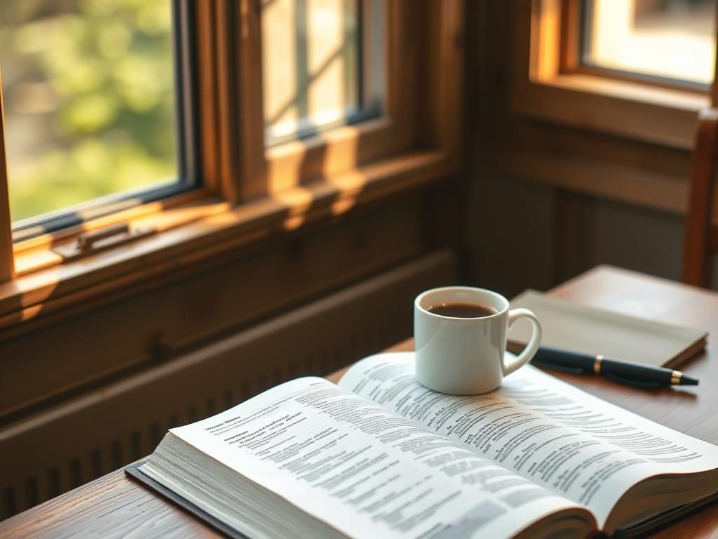 Bíblia aberta com uma xícara de café, representando o tempo diário com Deus em primeiro lugar Bíblia aberta com uma xícara de café, representando o tempo diário com Deus em primeiro lugar