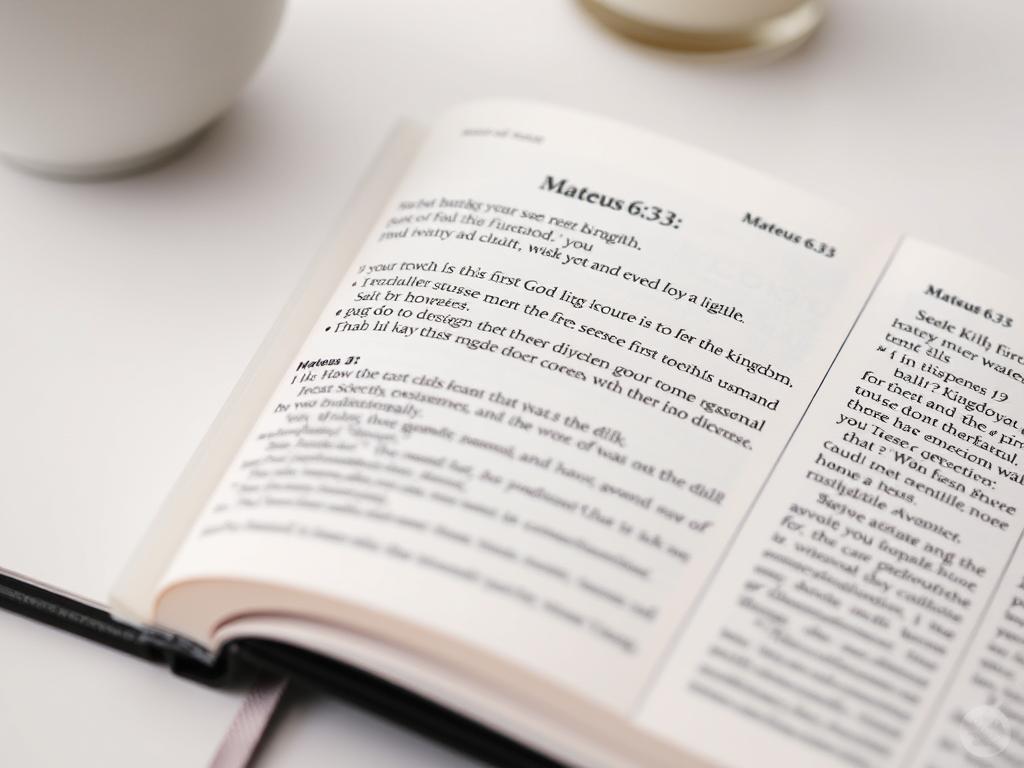 Bíblia aberta em Mateus 6:33 sobre colocar Deus em primeiro lugar