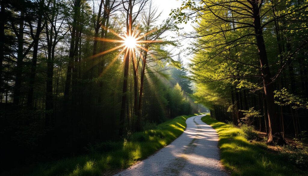 Caminho iluminado pelo sol, simbolizando a jornada de escolhas com Deus Caminho iluminado pelo sol, simbolizando a jornada de escolhas com Deus