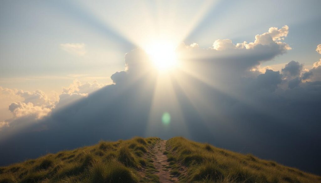 Caminho iluminado pelo sol, simbolizando a jornada de viver com Deus