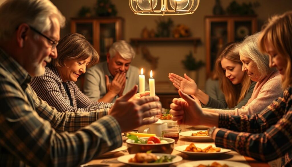 Família orando junta antes da refeição, demonstrando sinais de prioridade espiritual nos relacionamentos Família orando junta antes da refeição, demonstrando sinais de prioridade espiritual nos relacionamentos