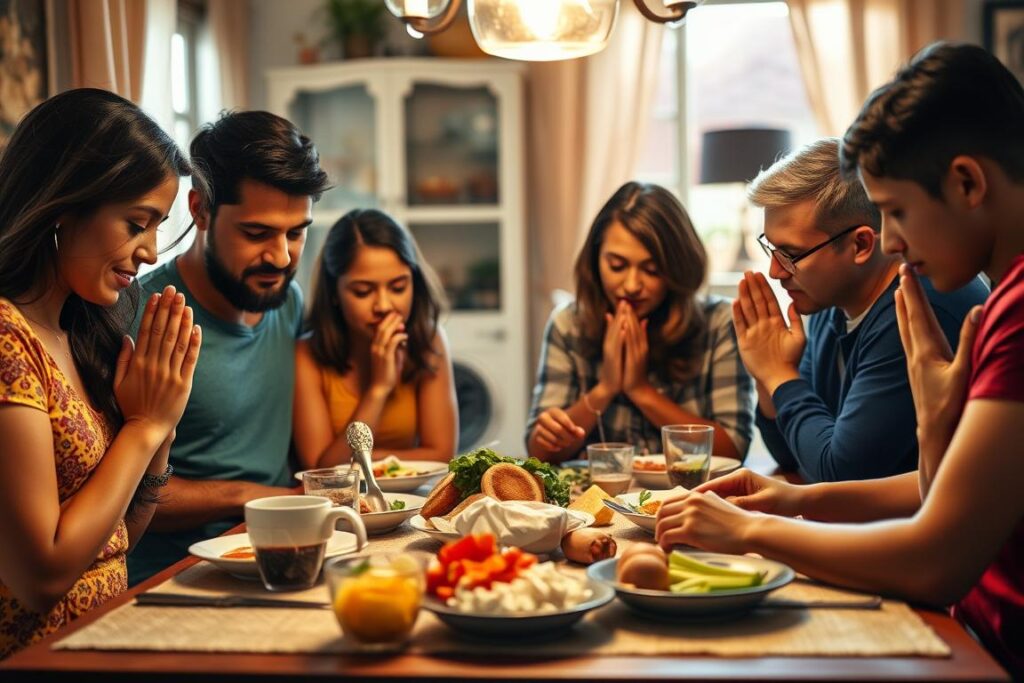 Família orando junta antes de uma refeição, demonstrando Deus em primeiro na vida familiar Família orando junta antes de uma refeição, demonstrando Deus em primeiro na vida familiar