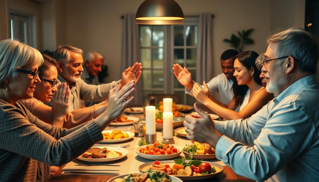 Família orando junta antes de uma refeição, demonstrando relacionamentos centrados em Deus Família orando junta antes de uma refeição, demonstrando relacionamentos centrados em Deus