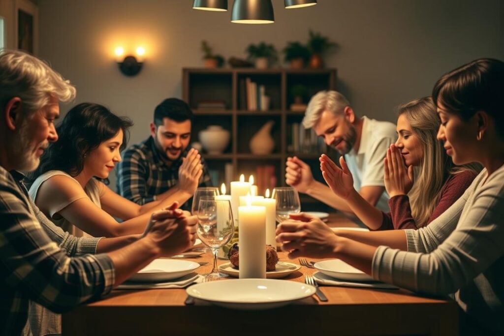 Família orando junta antes de uma refeição, demonstrando relacionamentos fortalecidos ao priorizar Deus Família orando junta antes de uma refeição, demonstrando relacionamentos fortalecidos ao priorizar Deus