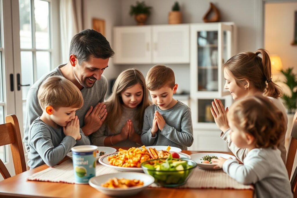 Família orando junta antes de uma refeição, simbolizando a decisão de servir ao Senhor