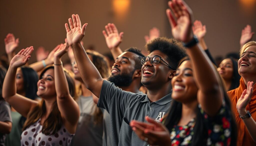 Grupo de pessoas em momento de louvor, representando a prática da gratidão e adoração