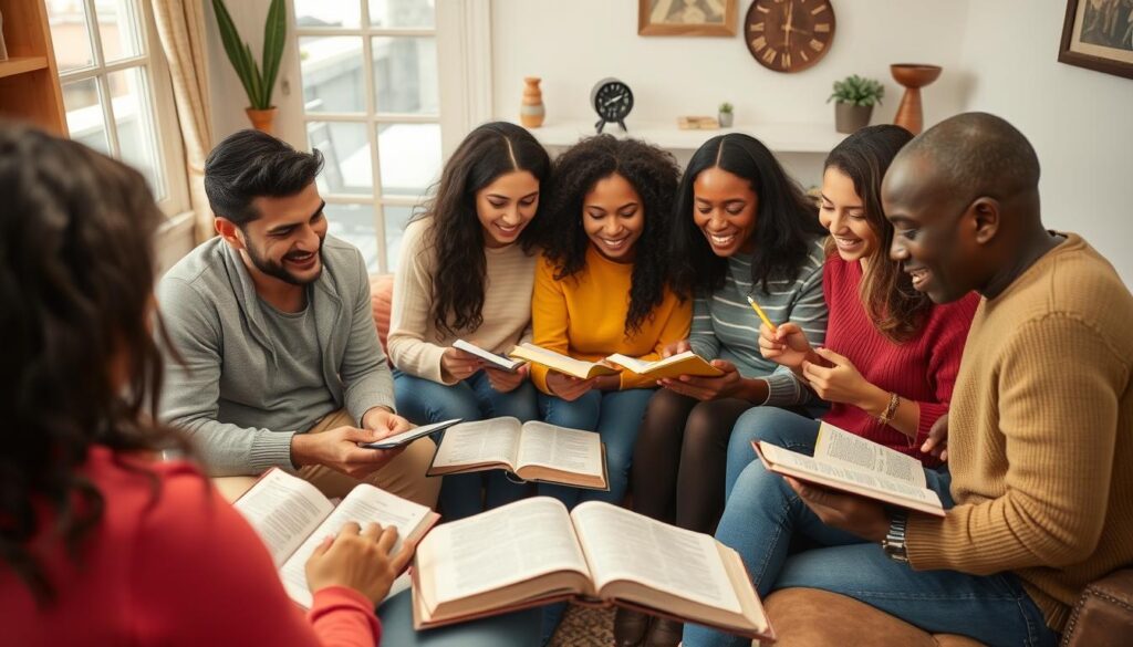 Grupo de pessoas estudando a Bíblia juntas, mostrando comunidade que apoia a priorizar Deus Grupo de pessoas estudando a Bíblia juntas, mostrando comunidade que apoia a priorizar Deus