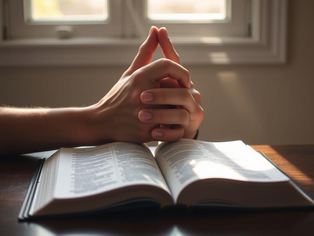 Mãos em posição de oração com uma Bíblia aberta Mãos em posição de oração com uma Bíblia aberta