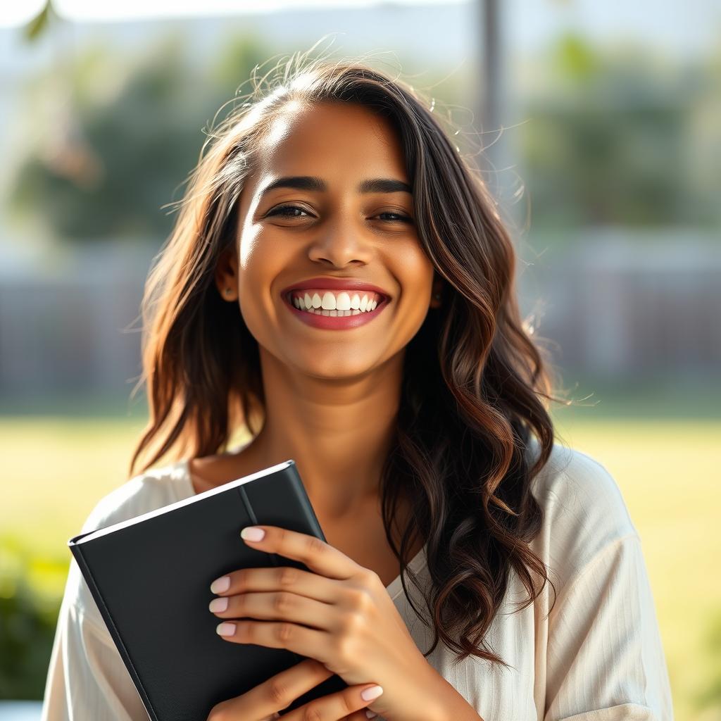 Mulher sorrindo com uma Bíblia nas mãos, representando a alegria de colocar Deus em primeiro Mulher sorrindo com uma Bíblia nas mãos, representando a alegria de colocar Deus em primeiro