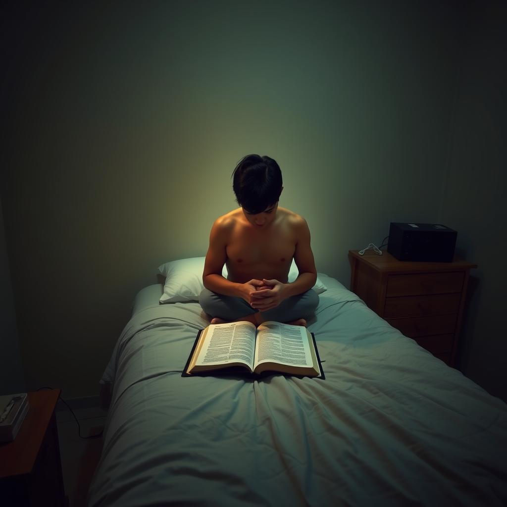 Pessoa acordando cedo para orar antes do trabalho, colocar Deus em primeiro lugar Pessoa acordando cedo para orar antes do trabalho, colocar Deus em primeiro lugar