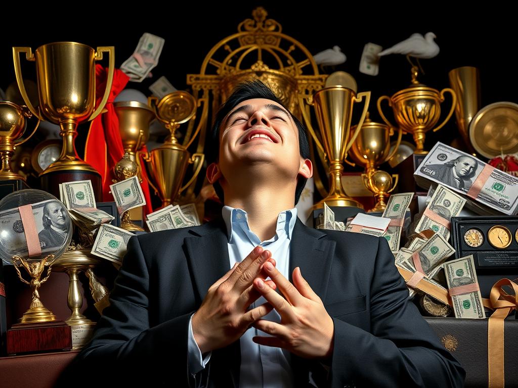 Pessoa adorando símbolos de sucesso material, ilustrando o erro de colocar objetivos no centro