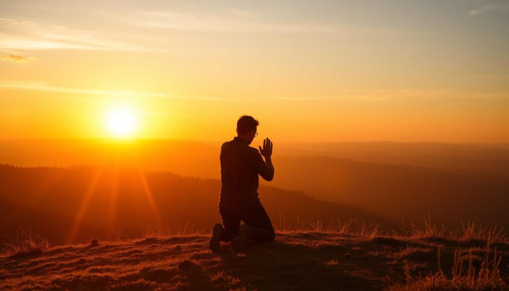 Pessoa ajoelhada em oração ao nascer do sol, simbolizando o compromisso de priorizar Deus diariamente Pessoa ajoelhada em oração ao nascer do sol, simbolizando o compromisso de priorizar Deus diariamente