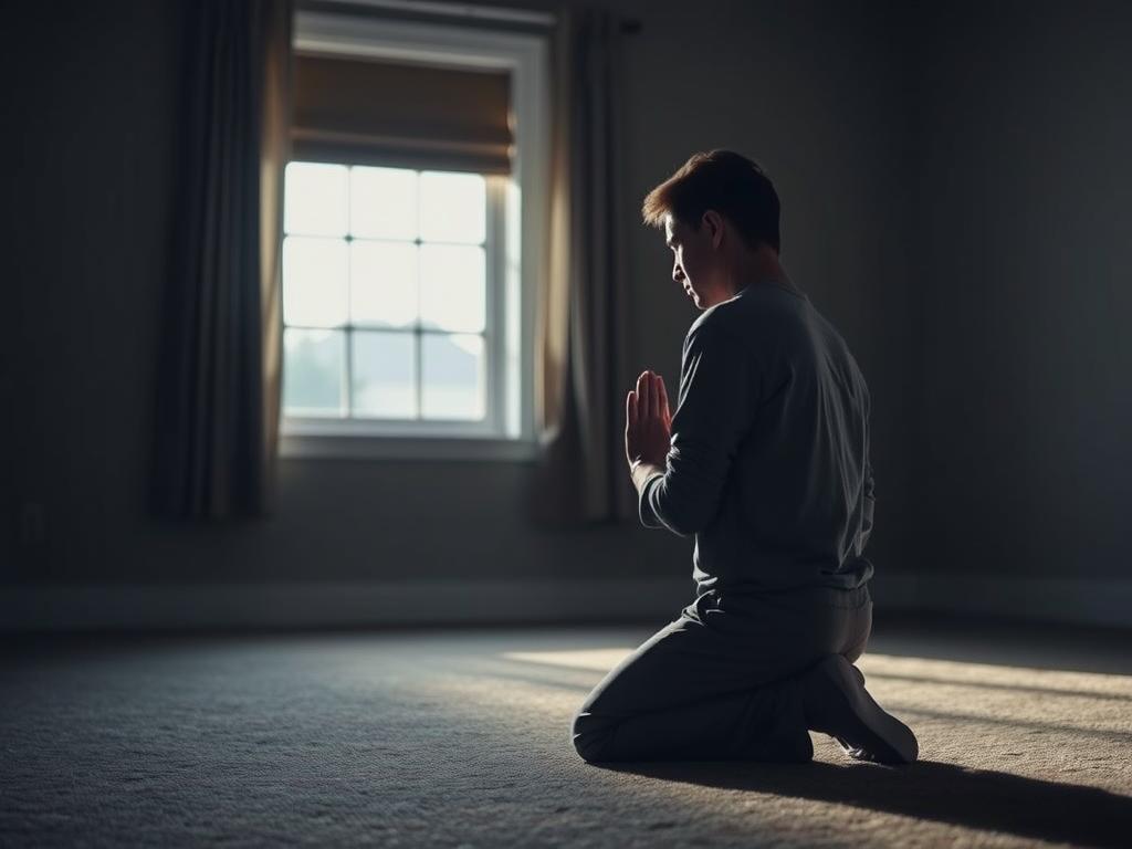 Pessoa ajoelhada em oração, representando a busca por reconexão espiritual