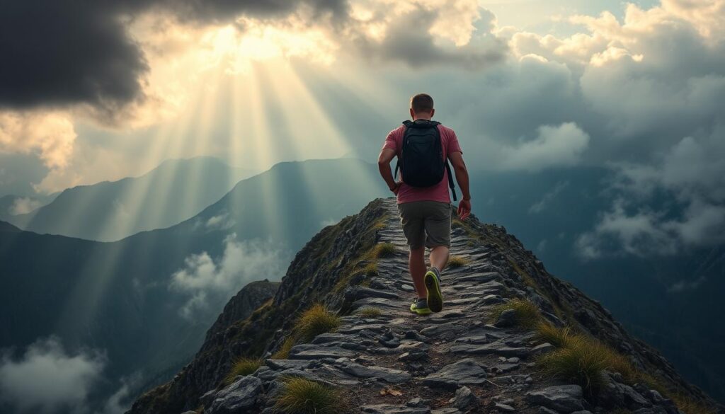 Pessoa caminhando com determinação através de um caminho difícil, simbolizando a força encontrada ao priorizar Deus Pessoa caminhando com determinação através de um caminho difícil, simbolizando a força encontrada ao priorizar Deus