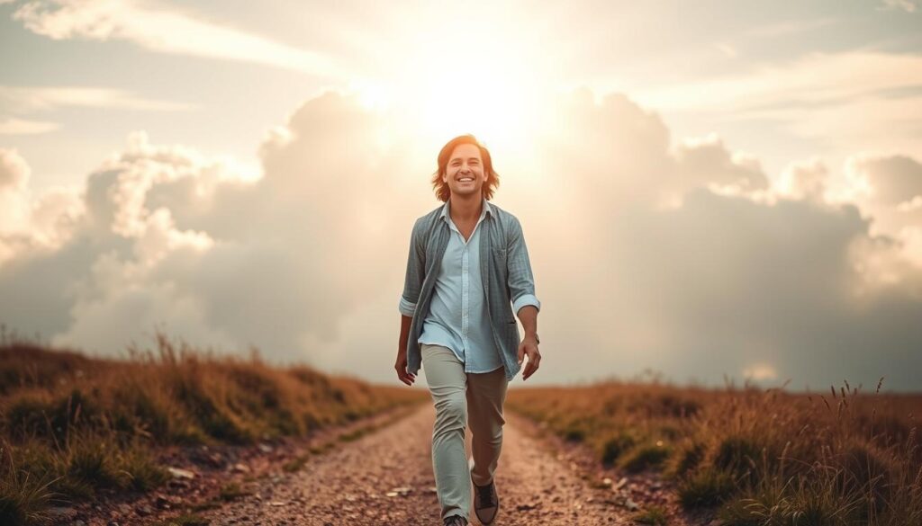 Pessoa com expressão de paz e propósito após colocar Deus no centro da vida