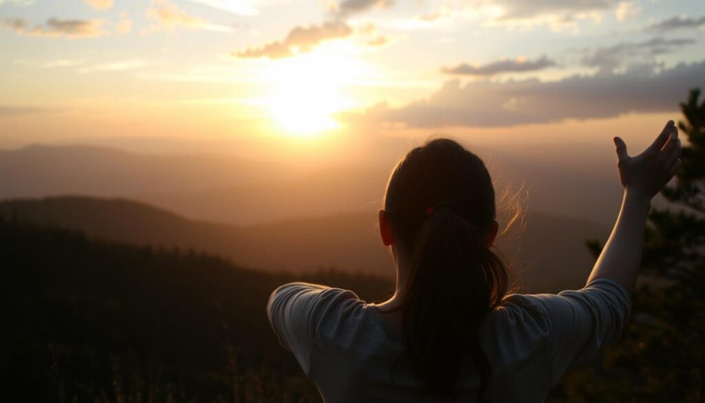 Pessoa contemplando o nascer do sol, simbolizando a paz e esperança de uma vida com Deus em primeiro lugar