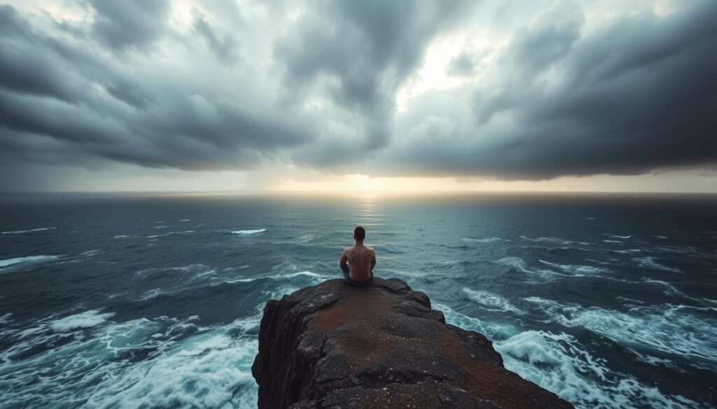 Pessoa contemplando um mar calmo durante tempestade, simbolizando a paz em meio às crises Pessoa contemplando um mar calmo durante tempestade, simbolizando a paz em meio às crises