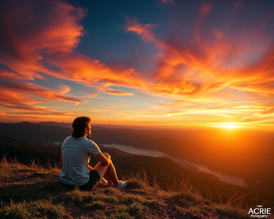 Pessoa contemplando um pôr do sol majestoso, representando a alegria da presença de Deus