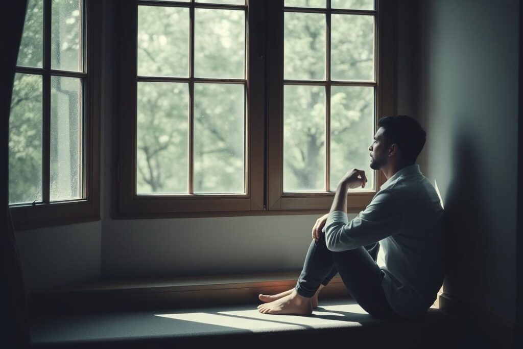 Pessoa contemplativa representando o vazio espiritual, um dos alertas espirituais