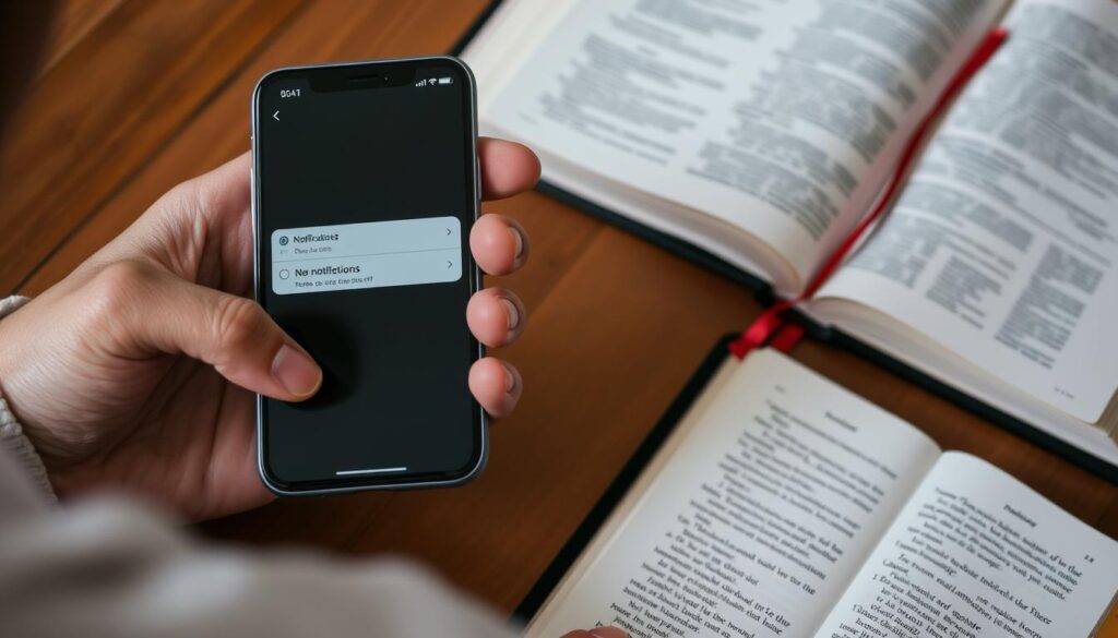 Pessoa desligando notificações do celular para focar em Deus, colocar Deus em primeiro lugar Pessoa desligando notificações do celular para focar em Deus, colocar Deus em primeiro lugar
