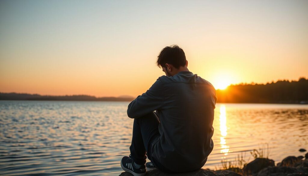Pessoa em momento de reflexão profunda sobre colocar Deus no centro