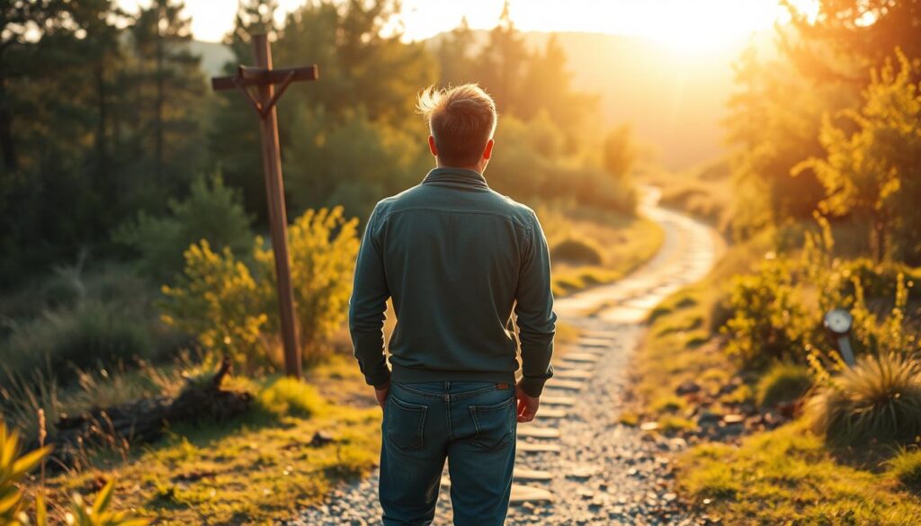 Pessoa em uma encruzilhada, simbolizando a busca por direção espiritual