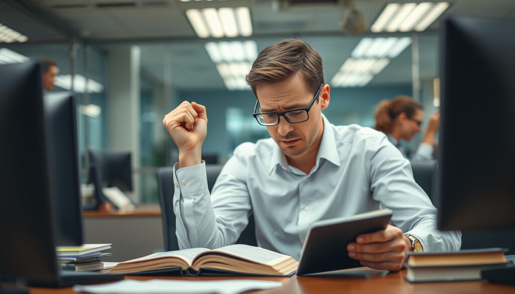 Pessoa enfrentando desafios no trabalho enquanto tenta fazer escolhas com Deus Pessoa enfrentando desafios no trabalho enquanto tenta fazer escolhas com Deus