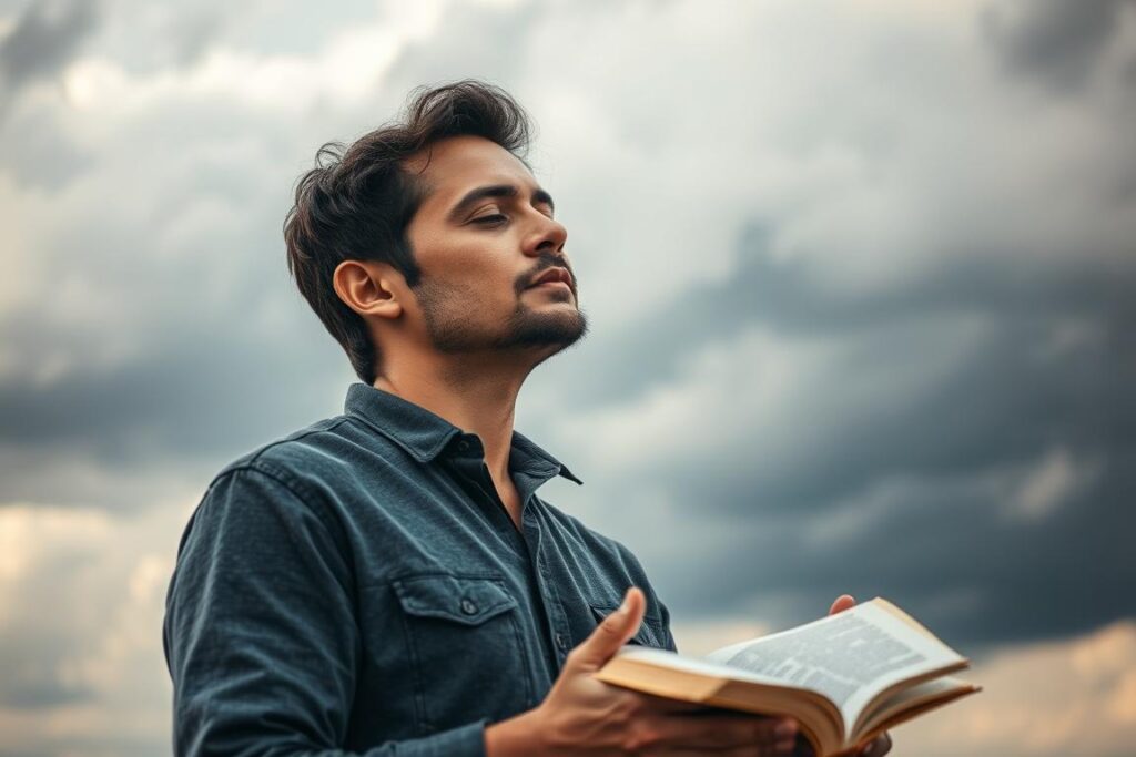 Pessoa enfrentando dificuldades com fé, demonstrando sinais de prioridade espiritual em momentos de provação Pessoa enfrentando dificuldades com fé, demonstrando sinais de prioridade espiritual em momentos de provação