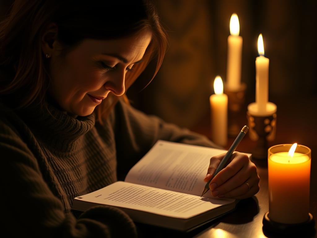 Pessoa escrevendo em um diário de gratidão, reconhecendo Deus no centro das bênçãos