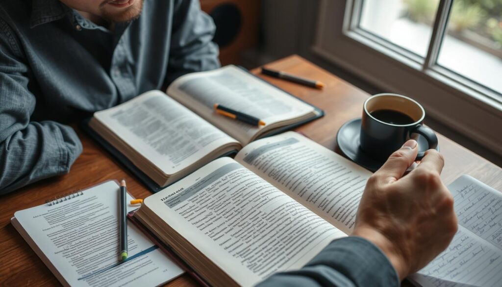 Pessoa estudando a Bíblia com anotações, demonstrando como colocar Deus em primeiro lugar Pessoa estudando a Bíblia com anotações, demonstrando como colocar Deus em primeiro lugar