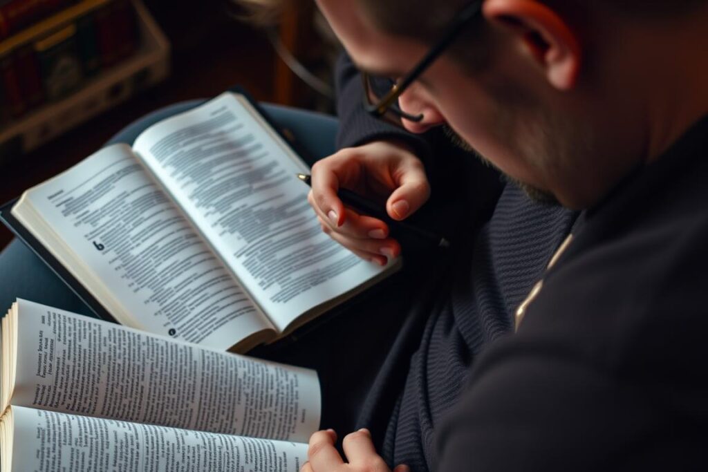 Pessoa estudando a Bíblia com anotações, demonstrando sinais de prioridade espiritual através do estudo contínuo Pessoa estudando a Bíblia com anotações, demonstrando sinais de prioridade espiritual através do estudo contínuo