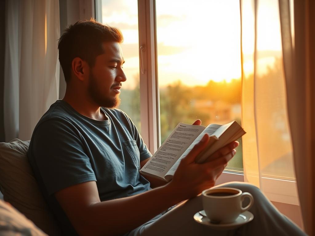 Pessoa lendo a Bíblia ao amanhecer, simbolizando Deus em primeiro no início do dia Pessoa lendo a Bíblia ao amanhecer, simbolizando Deus em primeiro no início do dia