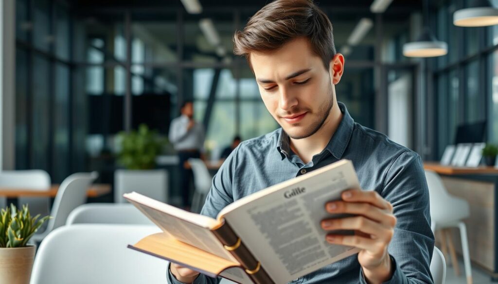 Pessoa lendo a Bíblia durante um intervalo no trabalho, demonstrando como priorizar Deus em ambientes seculares Pessoa lendo a Bíblia durante um intervalo no trabalho, demonstrando como priorizar Deus em ambientes seculares