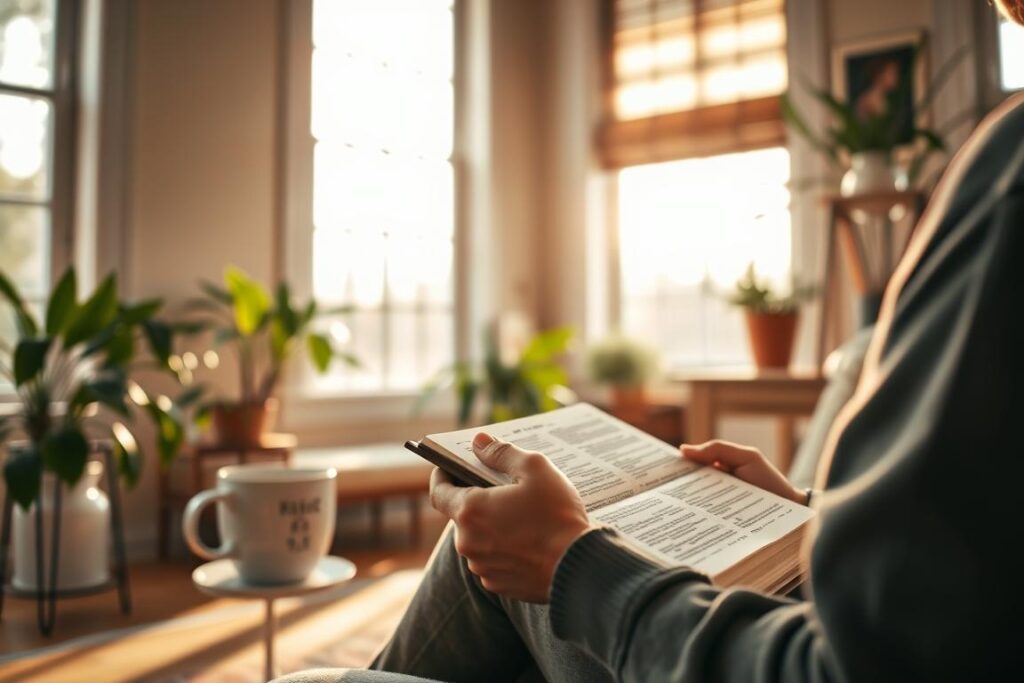 Pessoa lendo a Bíblia em um ambiente tranquilo, simbolizando viver com Deus no dia a dia