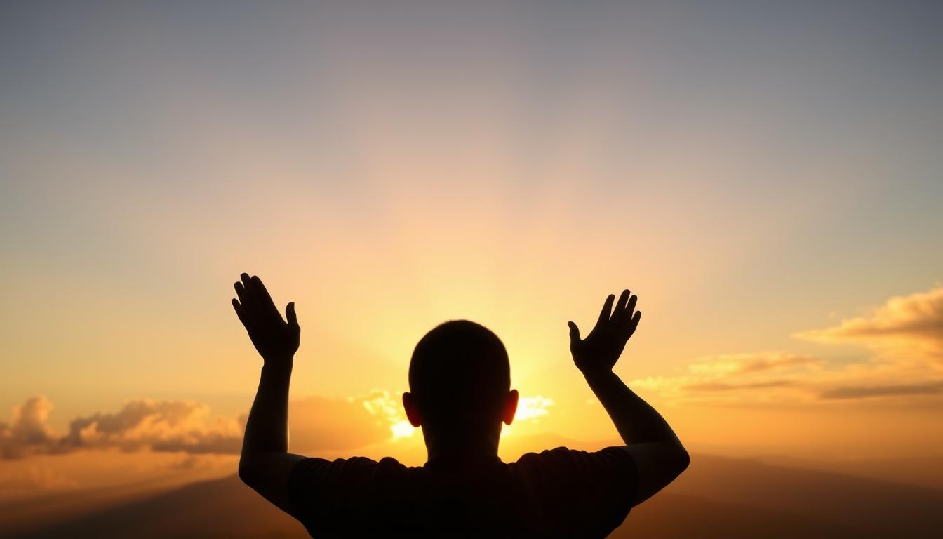 Pessoa orando ao nascer do sol, simbolizando Deus em primeiro lugar na vida