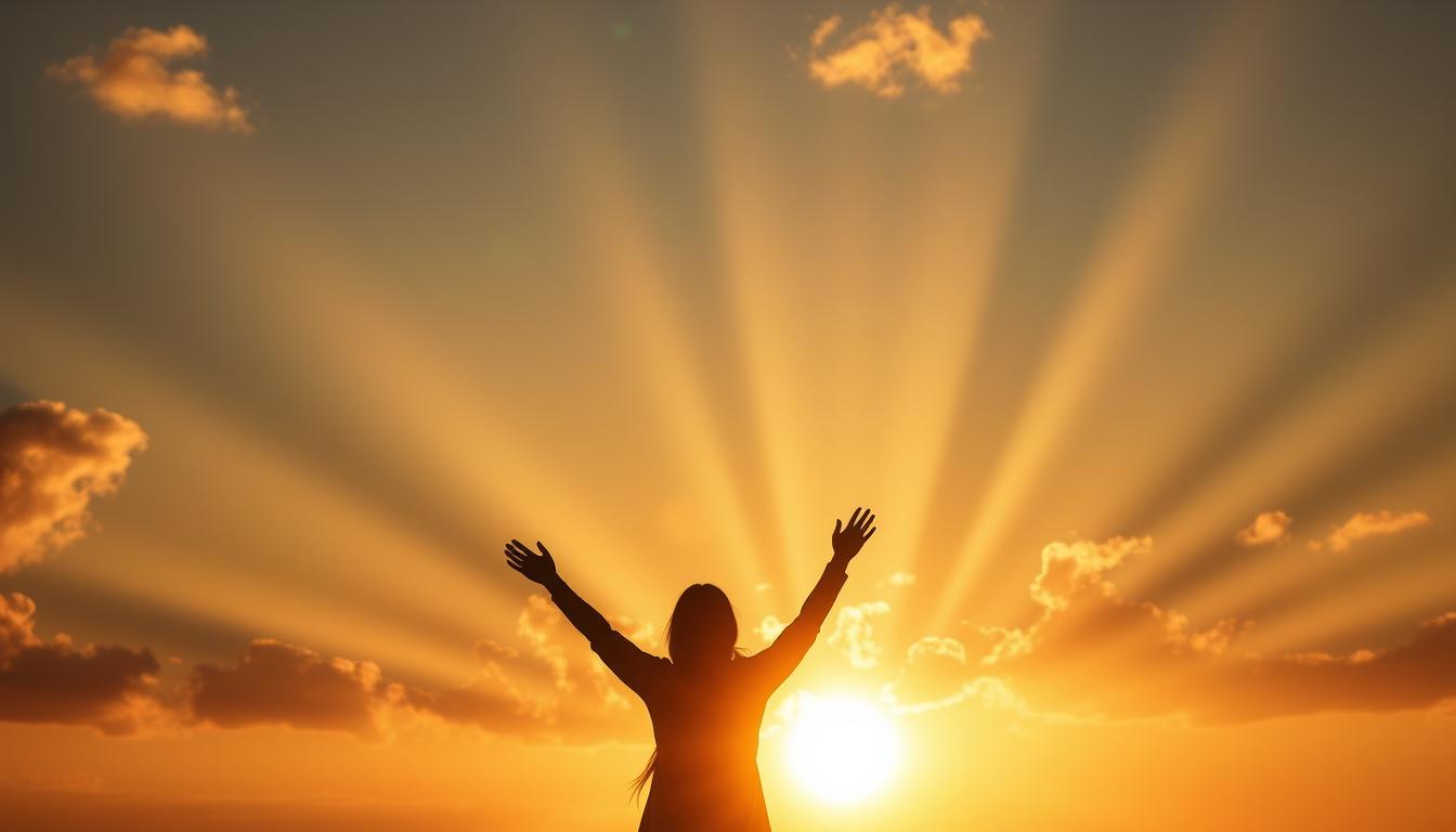 Pessoa orando ao nascer do sol, simbolizando colocar Deus em primeiro lugar