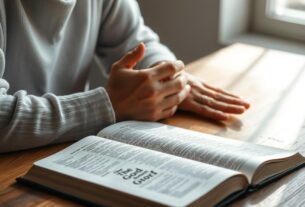 Pessoa orando com a Bíblia aberta, simbolizando a busca por colocar Deus em primeiro lugar
