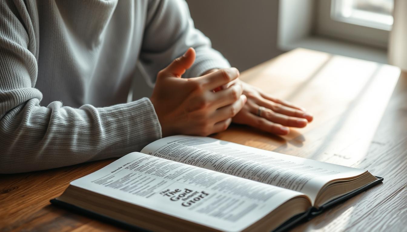 Pessoa orando com a Bíblia aberta, simbolizando a busca por colocar Deus em primeiro lugar