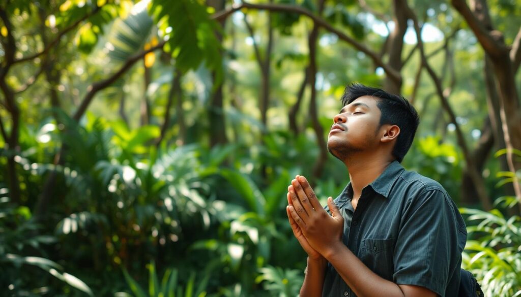 Pessoa orando em um momento de quietude na natureza, simbolizando Deus em primeiro na busca por paz Pessoa orando em um momento de quietude na natureza, simbolizando Deus em primeiro na busca por paz