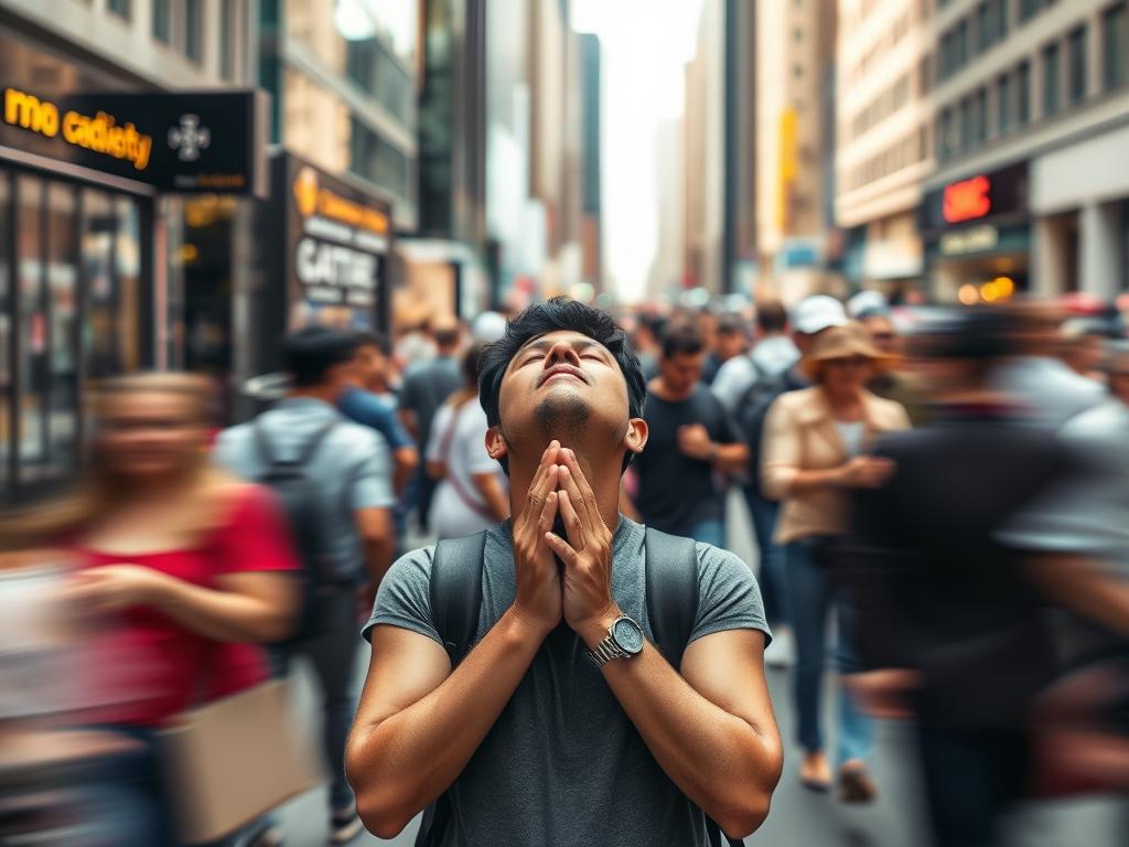 Pessoa orando tranquilamente em meio a um ambiente agitado, demonstrando a paz ao priorizar Deus Pessoa orando tranquilamente em meio a um ambiente agitado, demonstrando a paz ao priorizar Deus