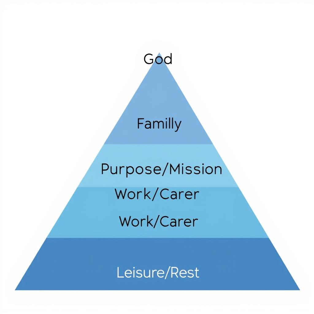 Pirâmide de prioridades com Deus no topo, seguido por família, propósito, trabalho e lazer, ilustrando como priorizar Deus Pirâmide de prioridades com Deus no topo, seguido por família, propósito, trabalho e lazer, ilustrando como priorizar Deus